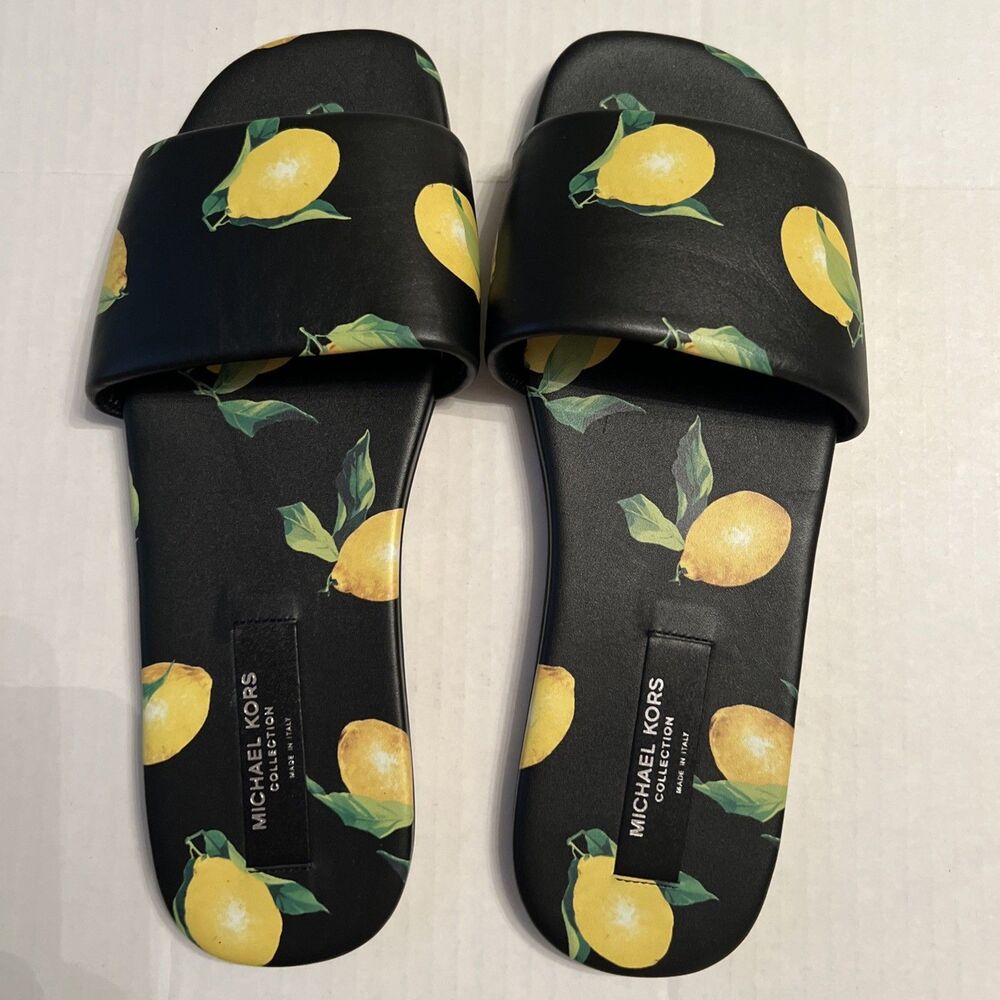 Michael Kors 37.5 Collection DELPHINE RUNWAY LEMON LEATHER Slide Sandal NWOT